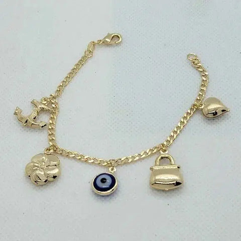 Brand New Brazilian 18k Gold Filled Multi Charms w/ Blue Evil Eye Bracelet