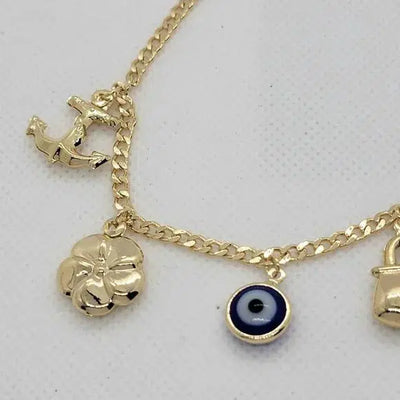 Brand New Brazilian 18k Gold Filled Multi Charms w/ Blue Evil Eye Bracelet