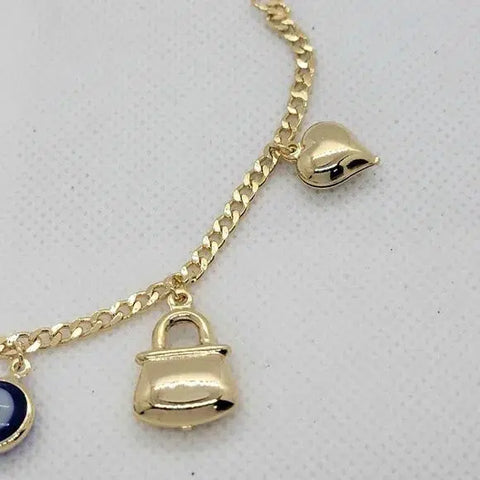 Brand New Brazilian 18k Gold Filled Multi Charms w/ Blue Evil Eye Bracelet