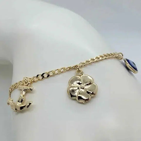 Brand New Brazilian 18k Gold Filled Multi Charms w/ Blue Evil Eye Bracelet