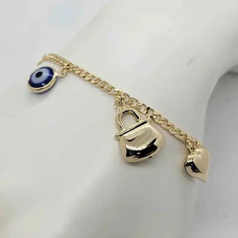 Brand New Brazilian 18k Gold Filled Multi Charms w/ Blue Evil Eye Bracelet