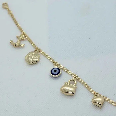 Brand New Brazilian 18k Gold Filled Multi Charms w/ Blue Evil Eye Bracelet