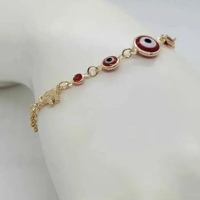 Brand New Brazilian 18k Gold Filled 2 Elephants & Red Evil Eye Bracelet